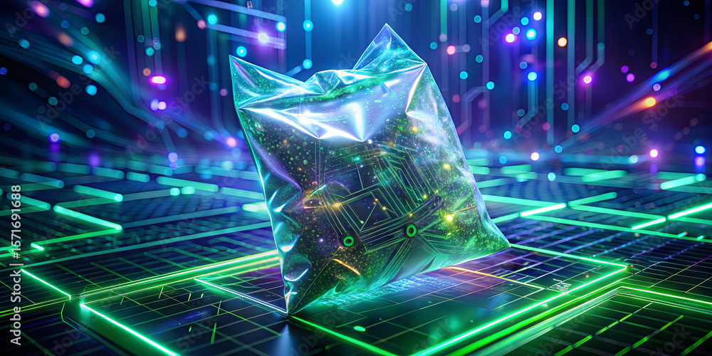 Poster a transparent bag filled with glowing circuitry rests on a high-tech circuit board. colorful lights 