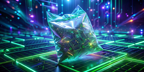 A transparent bag filled with glowing circuitry rests on a high-tech circuit board. Colorful lights create an immersive atmosphere, highlighting the advanced technology within the bag