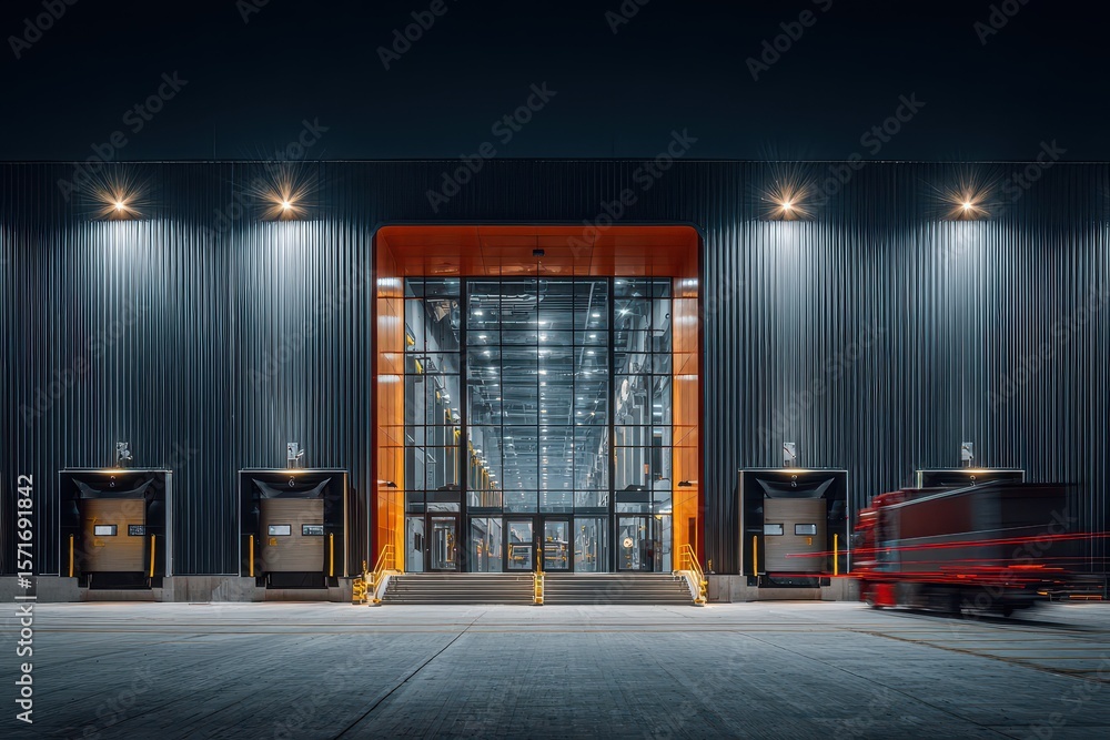Poster modern logistics warehouse with a striking entrance and efficient loading bays at night showcasing a