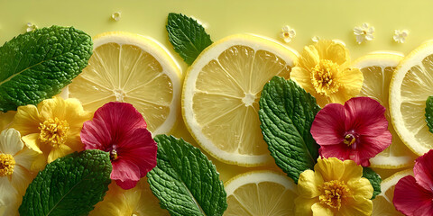 Fresh lemon slices arranged with vibrant flowers and mint leaves on a bright yellow background, creating a colorful and refreshing summer-inspired composition