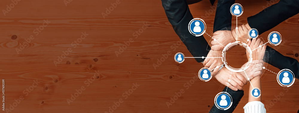 Aufkleber team collaboration and networking concept with hands and social connection icons on wooden backgroun