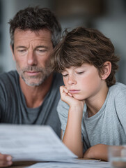 strict father checks his son's homework
