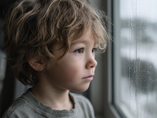 portrait of a lonely boy gloomily looking through the rainy window