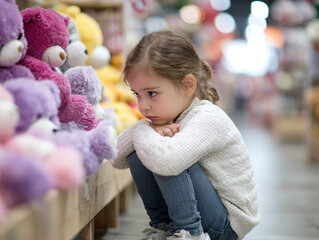 little girl while shopping looking sadly at the soft toys on the shelves wishing a new toy
