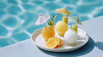 Colorful sorbet desserts served on a white plate, garnished with small umbrellas and fresh fruit, placed beside a sparkling blue swimming pool, evoking summer vibes and relaxation