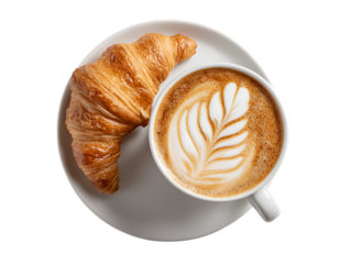 Flatlay of Breakfast Latte Art Coffee and Croissant on white Background
