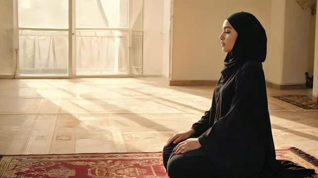 Muslim woman praying in sunlight with moving curtain and golden light &ndash; peaceful Islamic scene of jalsa prayer inside room, spiritual moment of devotion with soft cinematic movement