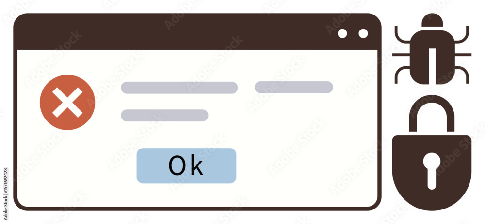 Poster error message in browser window, bug icon, security lock symbol. ideal for cyber threat, software gl