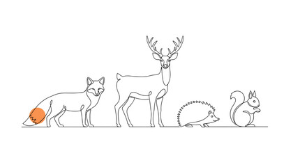 Fototapeta premium Outline illustrations of woodland animals in a line art style 