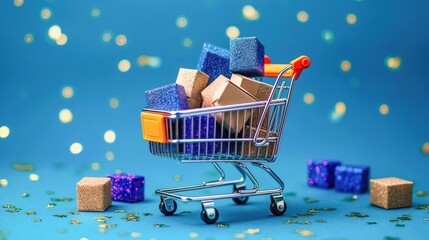 Shopping Cart Overflowing with Gifts on Blue Backdrop, Festive Season Shopping Concept