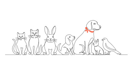 Fototapeta premium Line drawing of diverse pets including dog, cat, rabbit, and bird 