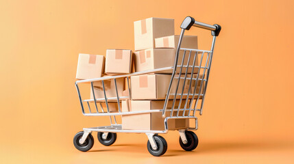 Miniature Shopping Cart Overflowing with Cardboard Boxes on a Vibrant Orange Backdrop