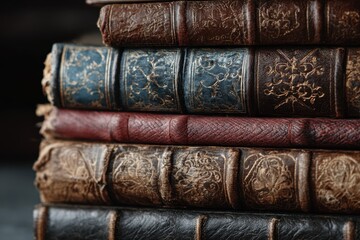 Antique bound books arranged in a stack showcasing intricate designs and textures in a cozy reading nook environment
