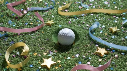 Celebratory golf theme with glittering ribbons and stars on grass for festive event design
