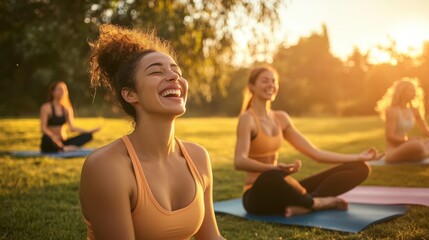 Friends stretching together in a mindful yoga session, in warm evening light and forest setting.