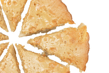 Charlotte. Homemade apple pie cut into pieces, top view, Classic pastry dessert - organic apple pie.