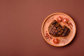 Meat, juicy beef steak grilled cooked to perfection for lunch. Barbecued steak