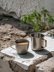 Stainless steel cup coffee outdoor rustic cracked stone sunlight green plant beverage morning natural