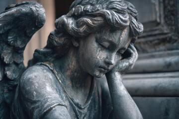 Statue of an angel in a park, showcasing intricate detailing and a serene expression, creating a peaceful atmosphere for reflection and remembrance