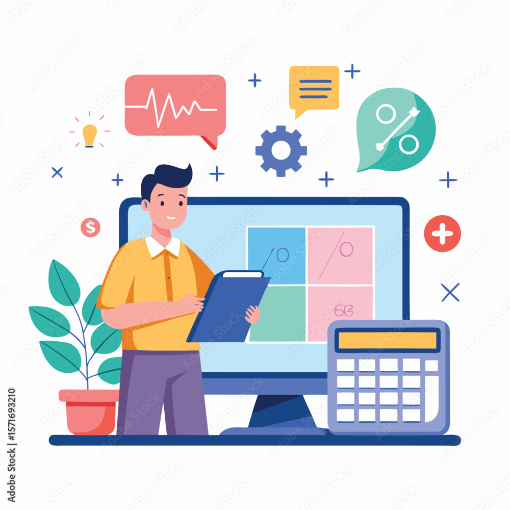 Poster business professional analyzing financial data with computer and calculator in a modern flat illustr