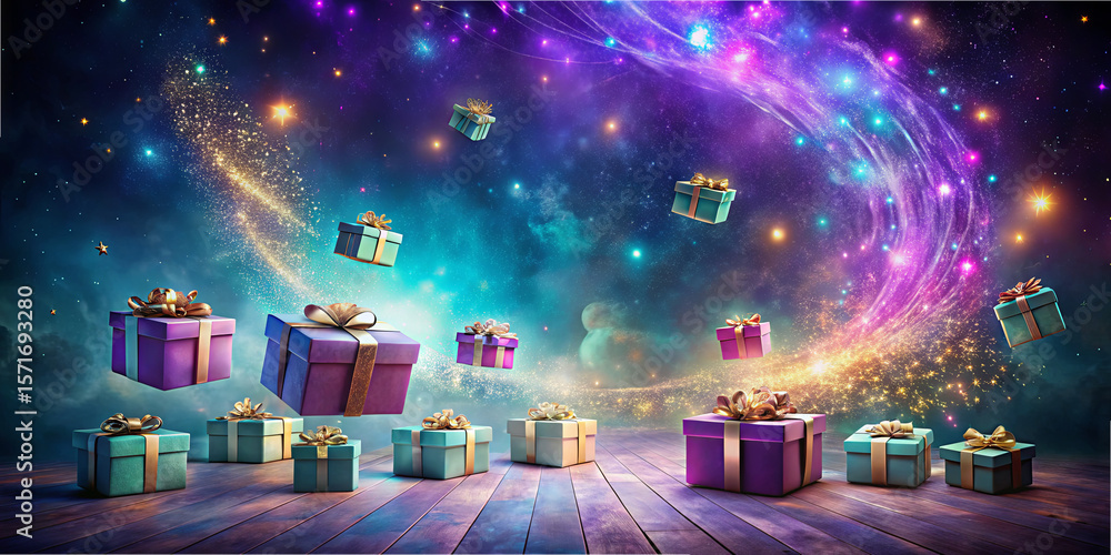 Aufkleber a vibrant display of floating gift boxes in various colors surrounded by a mystical cosmic backgroun