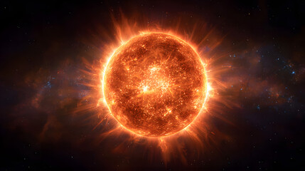 Burning sun with solar flares and corona against black space background. Star explosion and plasma energy concept. Space exploration and astronomy scientific visualization