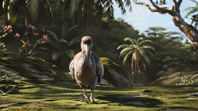 A dodo bird, extinct bird species, waddles through its island habitat.