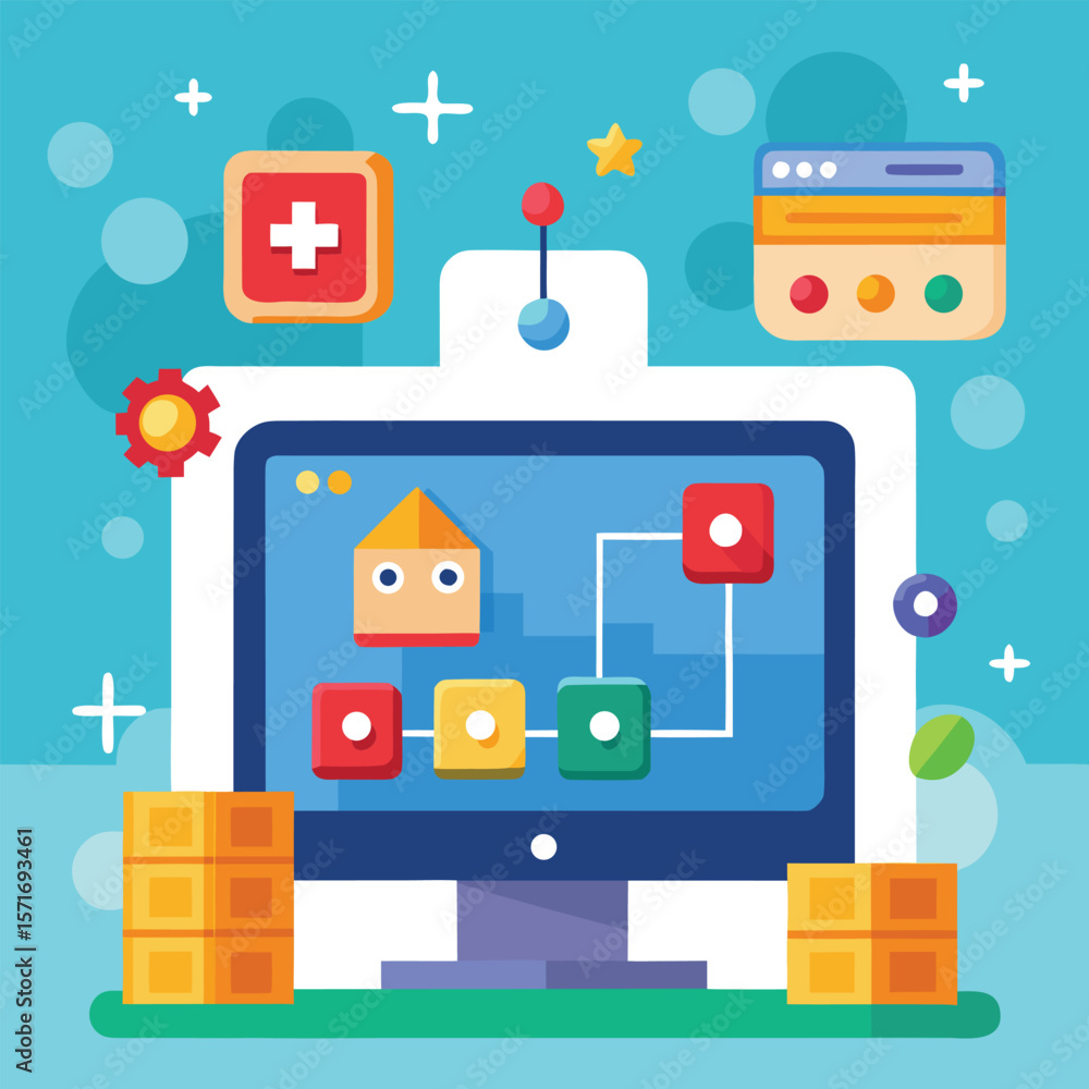 Poster colorful cartoon illustration of computer screen with abstract application icons and various design 
