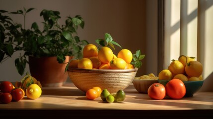 Fresh isolated fruits and vegetables in a vibrant still life with apples, oranges, and ripe red tomatoes in a basket