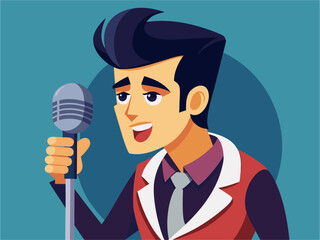 Cartoon rock and roll performer with confident pose and microphone in midcentury retro style