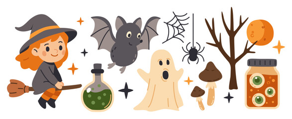 Halloween set of canned food with eyeballs, bat, magic potion, witch on a broomstick, mushrooms, bare tree, spider, web, full moon. For children’s products, party invitations, scrapbooking, prints, me