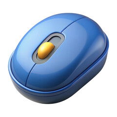 Bright blue computer mouse with yellow scroll wheel isolated on transparent background