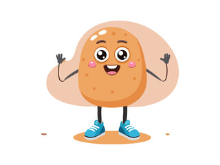 Cheerful potato mascot standing smiling with clasped hands in minimalistic peach colored scene