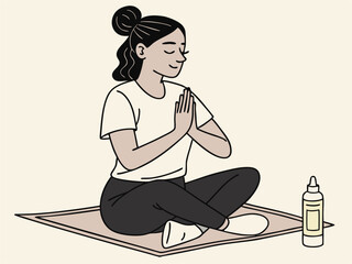 Calm woman with high bun meditating peacefully in neutral toned yoga environment