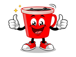 Cheerful red coffee cup character with happy face giving thumbs up on beige background