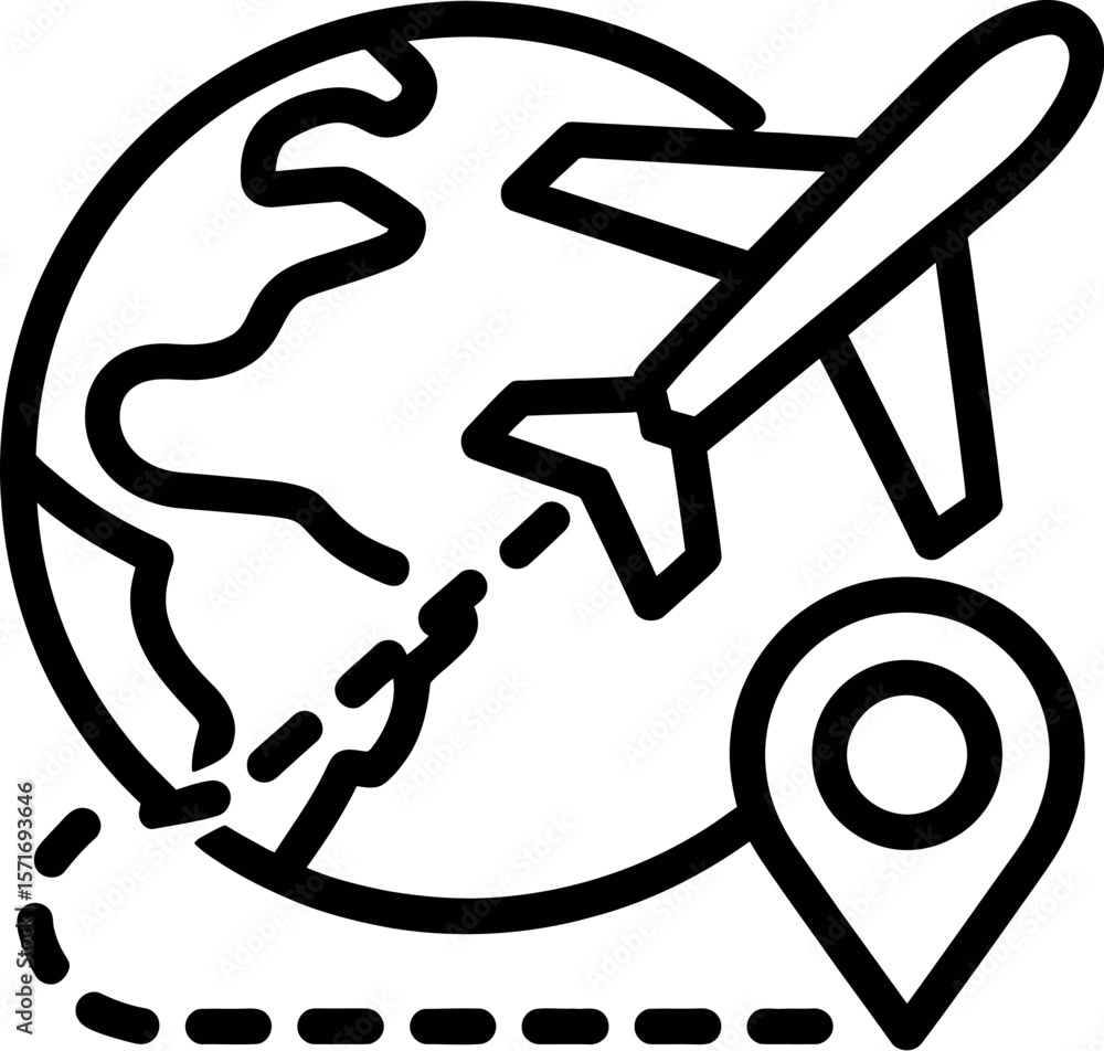 Fototapete airplane flying around the world with dotted line path and location pin in a minimalist style