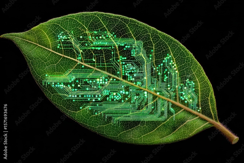 Poster glowing leaf showcasing intricate circuit patterns highlighted by vibrant green lights against a dar