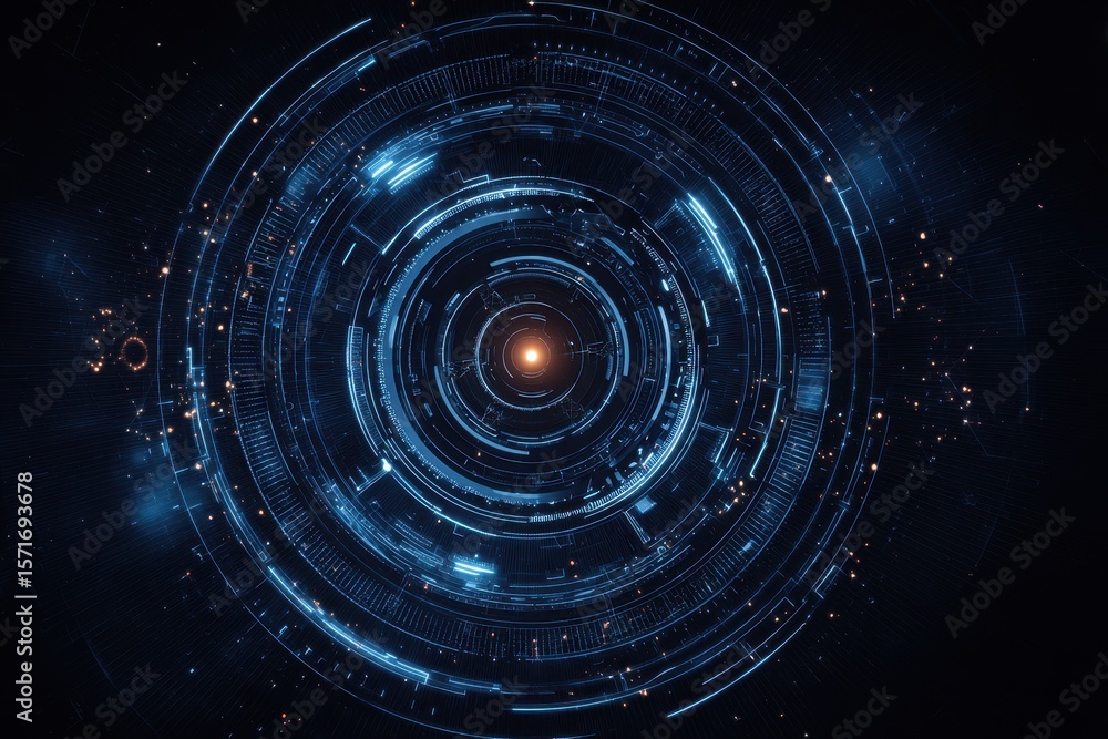 Poster futuristic technology concept featuring a circular hud with glowing elements and a central light sou