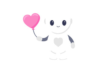 Cute humanoid robot character smiling while presenting heart shaped balloon in soft pastel scene