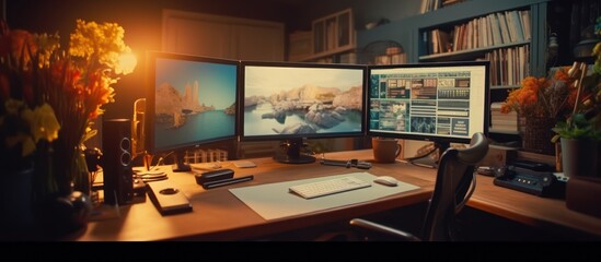 Modern computer equipment on an empty office desk in a bar's modern living room interior