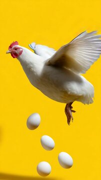 Chicken leaping and eggs falling against bright yellow background