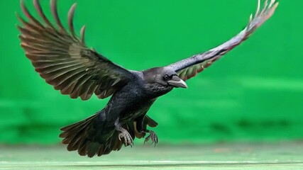Raven in Flight: A striking raven soars gracefully against the backdrop of a vibrant green expanse. This captivating photo immortalizes the raven's freedom. - Powered by Adobe