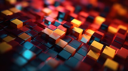 Abstract colorful background with a geometric cube pattern, featuring a digital mosaic of red, orange, and vibrant light squares in a 3D grid design