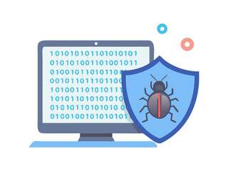 Futuristic programming interface analyzing flowing binary data protected by secure digital defense barrier