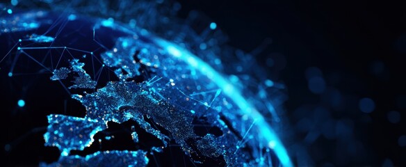 The illuminated blue globe showcasing a digital view of the earth.