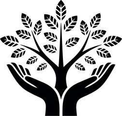 Obraz premium A stylized black and white image showing two hands holding a tree with leaves on a white background