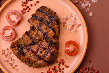Meat, juicy beef steak grilled cooked to perfection for lunch. Barbecued steak