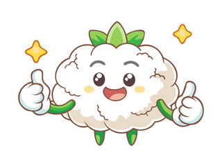Playful cartoon cauliflower character with thumbs up distressed expression standing on peach background
