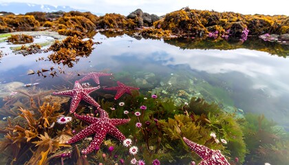 Clear shallow tide pool, starfish, vibrant flora