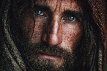 Obraz premium Portrait of Jesus Christ, Son of Man, revealing intense emotions and deep spirituality, captured with rich details and dramatic lighting in a close-up composition